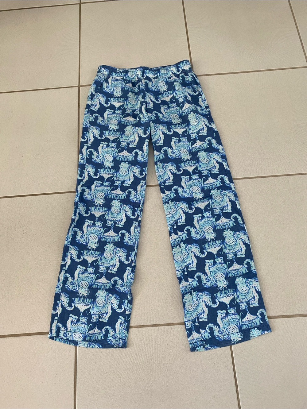 Lilly Pulitzer Florita 💯Linrn pants Deep Indigo Joy Ride Elephant Small